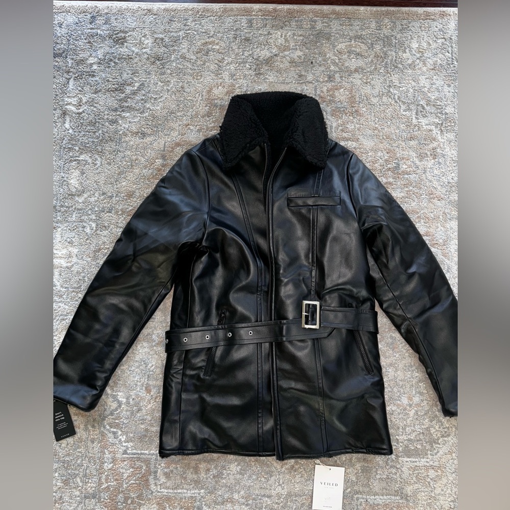 VEILED -Reversible Vegan Leather Sherpa Aviator Coat - Black - Picture 6 of 9